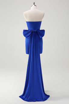 Royal Blue Strapless Short Prom Dress With Big Bow Flowing Train