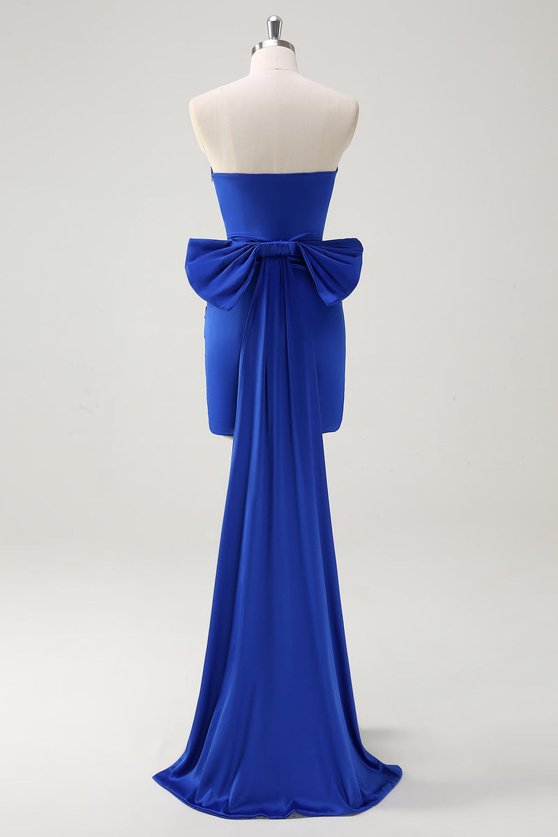 Load image into Gallery viewer, Royal Blue Strapless Short Prom Dress With Big Bow Flowing Train