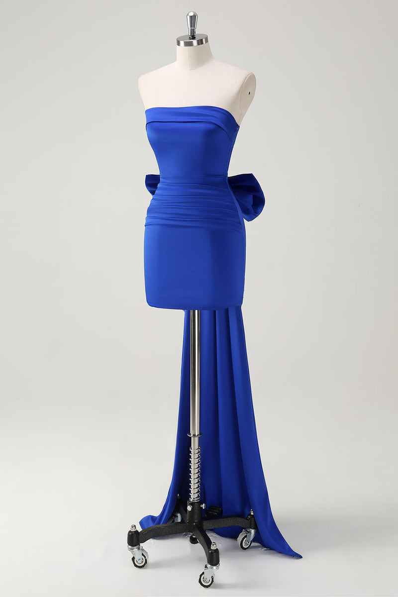 Load image into Gallery viewer, Royal Blue Strapless Short Prom Dress With Big Bow Flowing Train