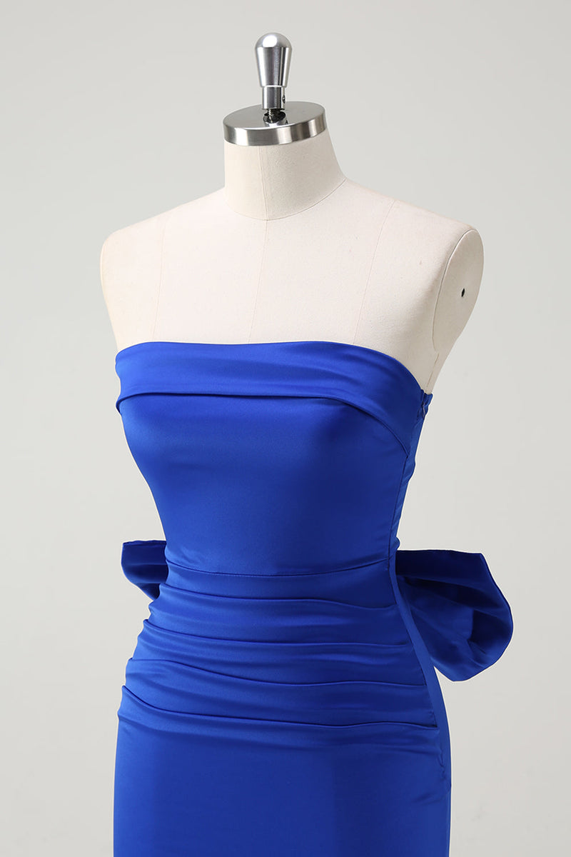 Load image into Gallery viewer, Royal Blue Strapless Short Prom Dress With Big Bow Flowing Train