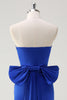 Load image into Gallery viewer, Royal Blue Strapless Short Prom Dress With Big Bow Flowing Train