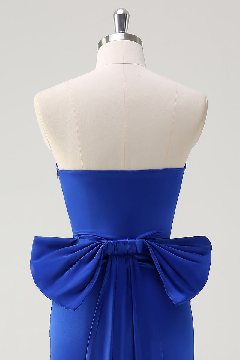 Load image into Gallery viewer, Royal Blue Strapless Short Prom Dress With Big Bow Flowing Train