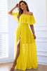 Load image into Gallery viewer, Yellow A-Line Off the Shoulder Ruffle Long Formal Dress with Slit