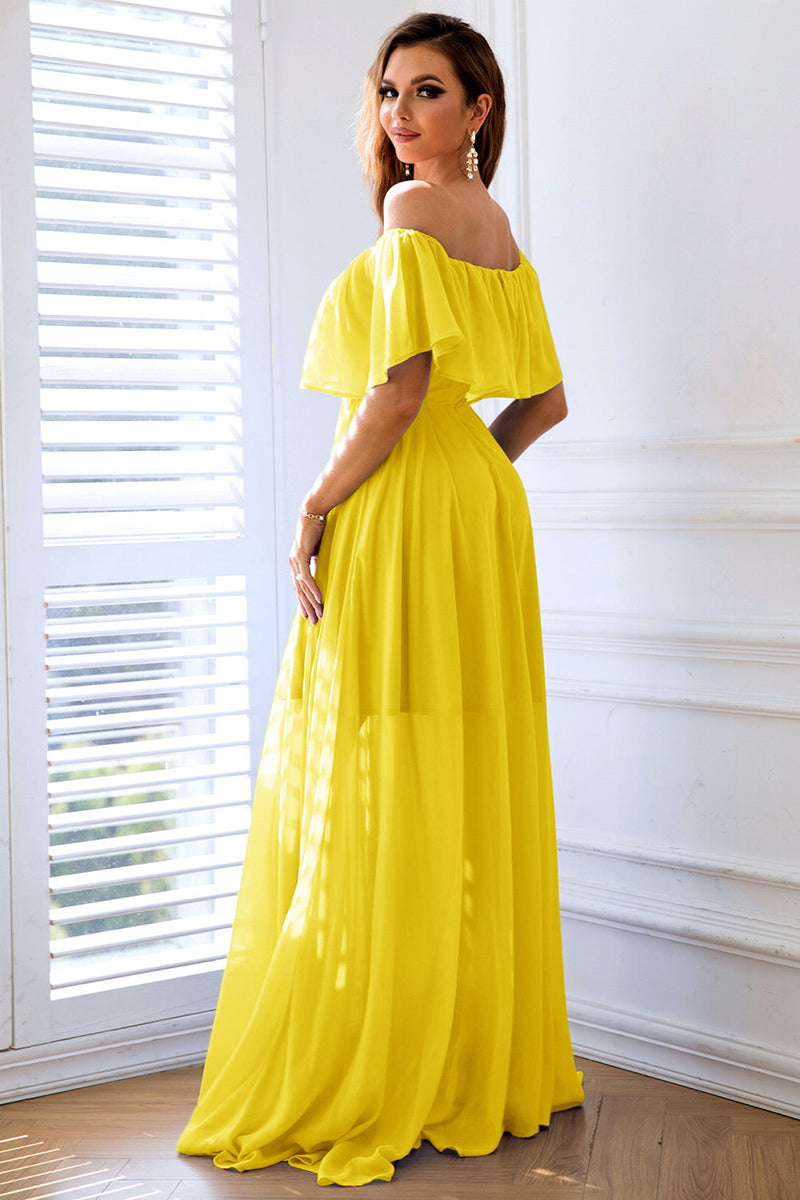 Load image into Gallery viewer, Yellow A-Line Off the Shoulder Ruffle Long Formal Dress with Slit