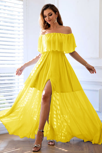 Yellow A-Line Off the Shoulder Ruffle Long Formal Dress with Slit