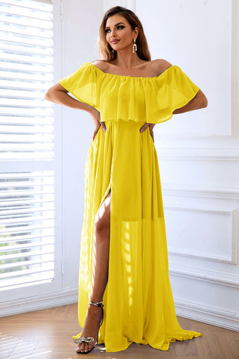 Yellow A-Line Off the Shoulder Ruffle Long Formal Dress with Slit