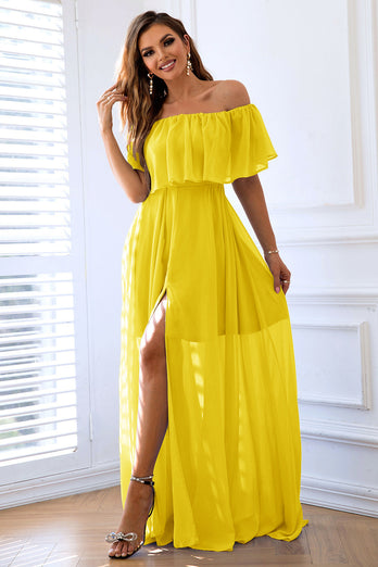 Yellow A-Line Off the Shoulder Ruffle Long Formal Dress with Slit