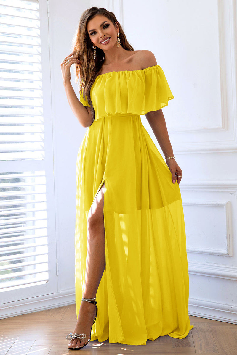 Load image into Gallery viewer, Yellow A-Line Off the Shoulder Ruffle Long Formal Dress with Slit