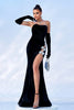 Load image into Gallery viewer, Black Strapless Sparkly Bows Velvet Long Formal Dress With High Slit (Not Gloves)