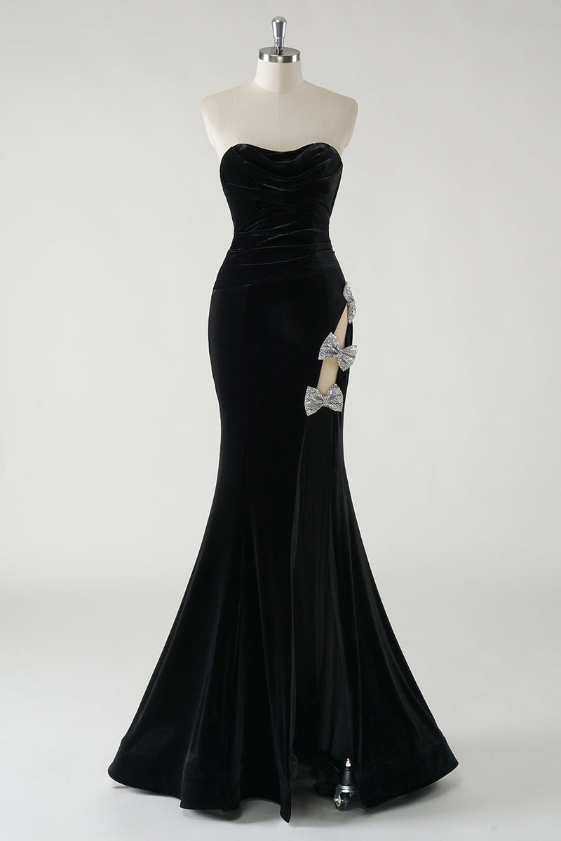 Load image into Gallery viewer, Black Strapless Velvet Sparkly Bows Long Formal Dress With High Slit (Not Gloves)