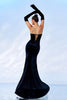 Load image into Gallery viewer, Black Strapless Sparkly Bows Velvet Long Formal Dress With High Slit (Not Gloves)