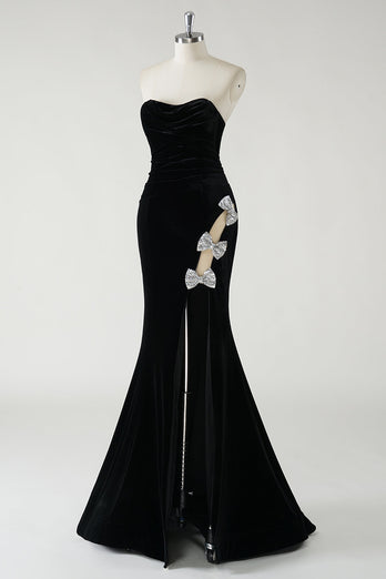 Black Strapless Velvet Sparkly Bows Long Formal Dress With High Slit (Not Gloves)