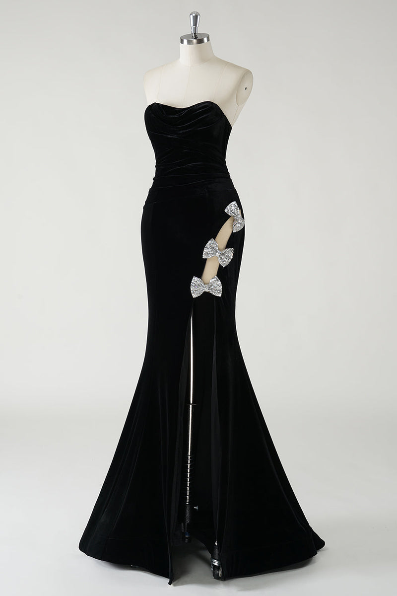 Load image into Gallery viewer, Black Strapless Velvet Sparkly Bows Long Formal Dress With High Slit (Not Gloves)