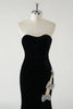 Load image into Gallery viewer, Black Strapless Velvet Sparkly Bows Long Formal Dress With High Slit (Not Gloves)