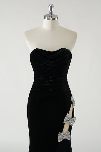 Black Strapless Velvet Sparkly Bows Long Formal Dress With High Slit (Not Gloves)