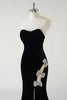 Load image into Gallery viewer, Black Strapless Velvet Sparkly Bows Long Formal Dress With High Slit (Not Gloves)