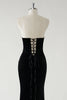 Load image into Gallery viewer, Black Strapless Velvet Sparkly Bows Long Formal Dress With High Slit (Not Gloves)