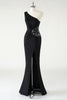 Load image into Gallery viewer, Black Mermaid One Shoulder Sparkly Sequin Ruched Long Prom Dress with Slit