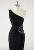 Load image into Gallery viewer, Black Mermaid One Shoulder Sparkly Sequin Ruched Long Prom Dress with Slit