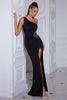 Load image into Gallery viewer, Sparkly Black Mermaid One Shoulder Sequined Ruched Long Prom Dress with Slit