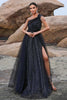 Load image into Gallery viewer, Sparkly Black A-Line One Shoulder Sequined Tulle Long Prom Dress with Slit