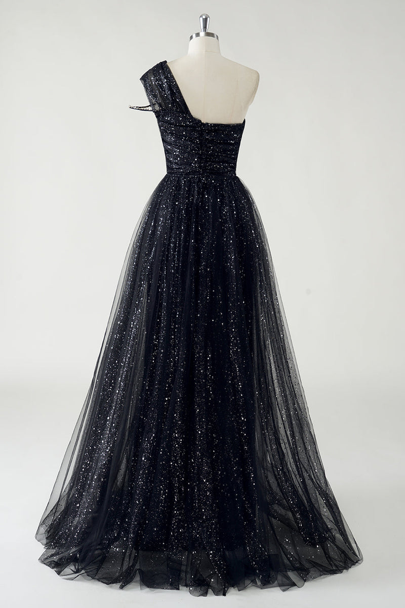 Load image into Gallery viewer, Sparkly Black Tulle A-Line One Shoulder Sequin Long Prom Dress with Slit