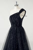 Load image into Gallery viewer, Sparkly Black Tulle A-Line One Shoulder Sequin Long Prom Dress with Slit