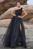 Load image into Gallery viewer, Sparkly Black A-Line One Shoulder Sequined Tulle Long Prom Dress with Slit