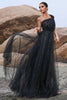 Load image into Gallery viewer, Sparkly Black A-Line One Shoulder Sequined Tulle Long Prom Dress with Slit