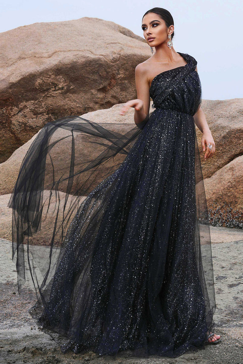 Load image into Gallery viewer, Sparkly Black A-Line One Shoulder Sequined Tulle Long Prom Dress with Slit