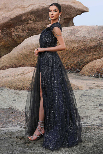 Sparkly Black A-Line One Shoulder Sequined Tulle Long Prom Dress with Slit