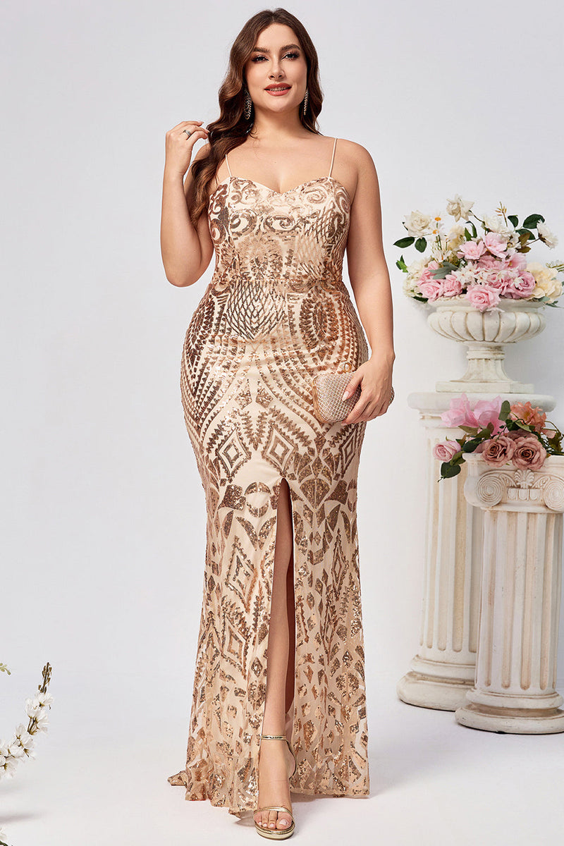 Load image into Gallery viewer, Sparkly Plus Size Golden Mermaid Sequin Embroidered Long Prom Dress with Split