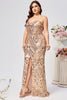 Load image into Gallery viewer, Sparkly Plus Size Golden Mermaid Sequin Embroidered Long Prom Dress with Split