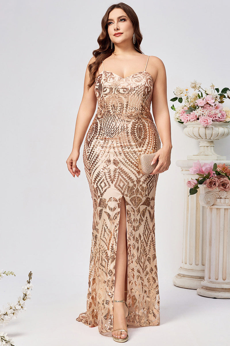 Load image into Gallery viewer, Sparkly Plus Size Golden Mermaid Sequin Embroidered Long Prom Dress with Split