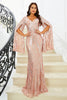 Load image into Gallery viewer, Sparkly Pink Mermaid V Neck Long Sleeves Sequin Long Prom Dress