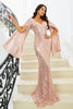 Load image into Gallery viewer, Sparkly Pink Mermaid V Neck Long Sleeves Sequin Long Prom Dress