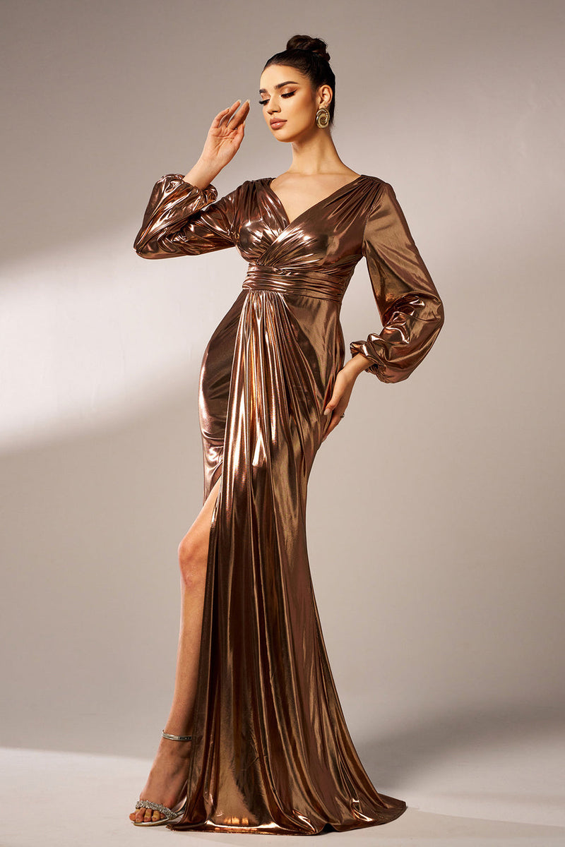 Load image into Gallery viewer, Metallic Brown Mermaid Long Sleeves Long Prom Dress with Slit