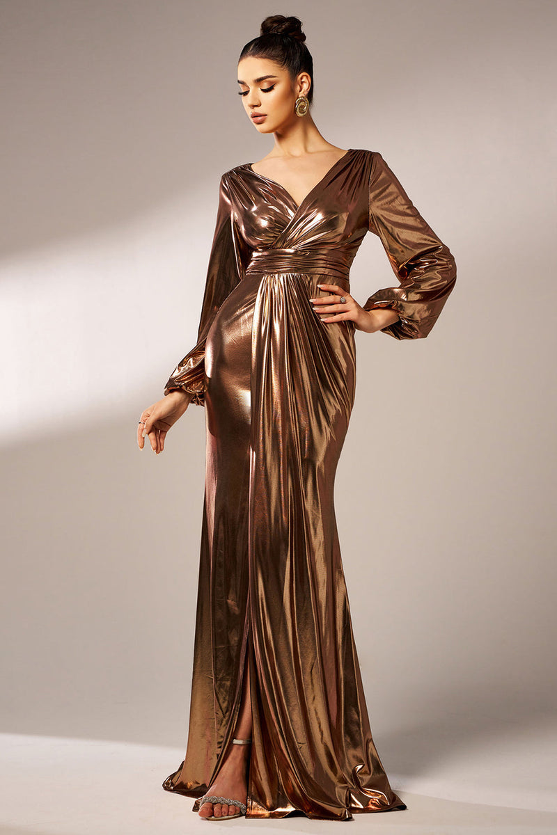 Load image into Gallery viewer, Metallic Brown Mermaid Long Sleeves Long Prom Dress with Slit