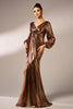 Load image into Gallery viewer, Metallic Brown Mermaid Long Sleeves Long Prom Dress with Slit