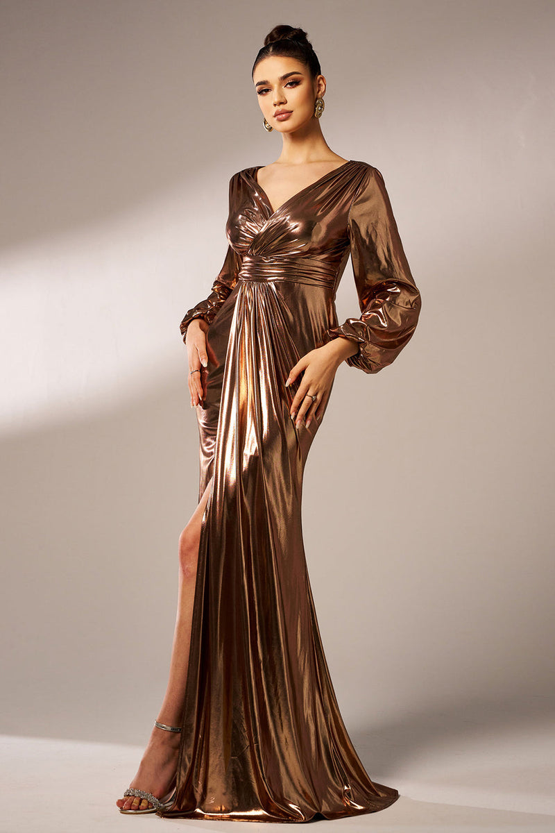 Load image into Gallery viewer, Metallic Brown Mermaid Long Sleeves Long Prom Dress with Slit