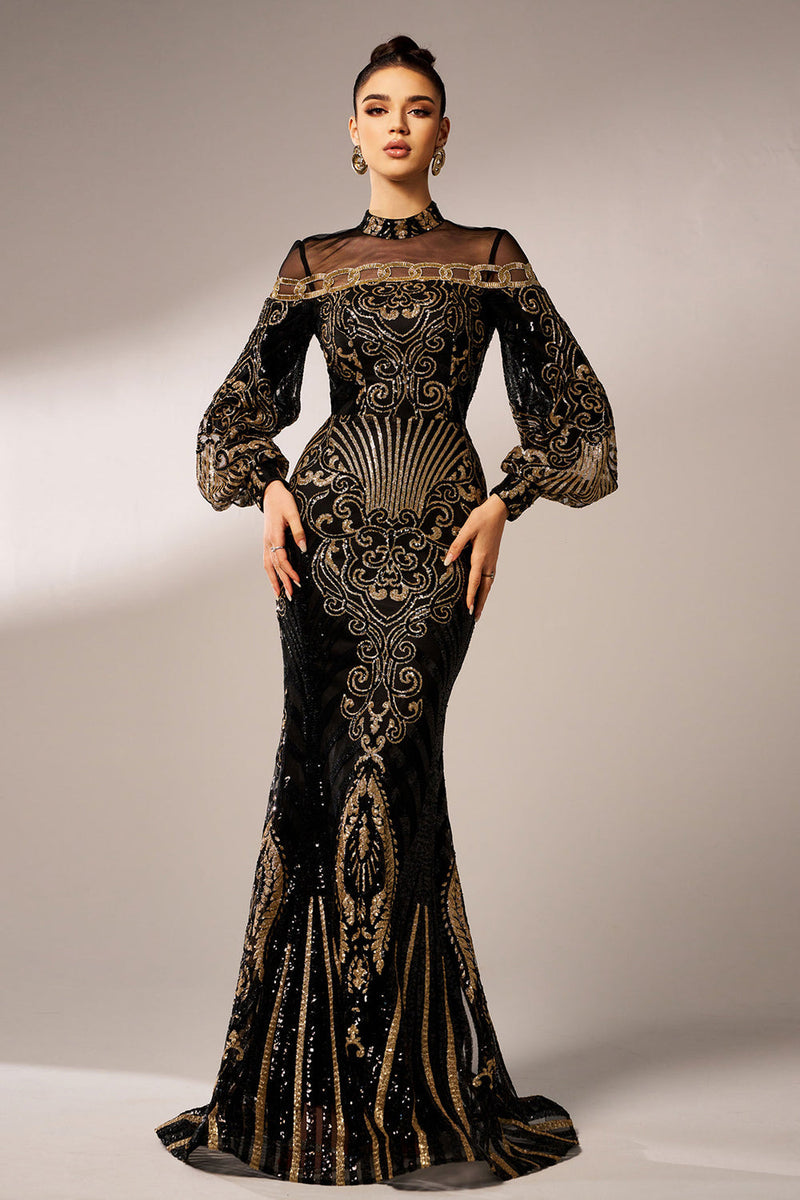 Load image into Gallery viewer, Sparkly Mermaid Long Sleeves High Neck Sequins Long Prom Dress