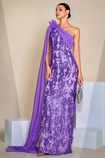 Sparkly Purple One Shoulder Mermaid Sequins Long Prom Dress with Cape