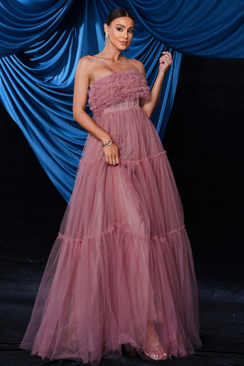 Pink Strapless A-Line Tulle Long Corset Wedding Guest Dress