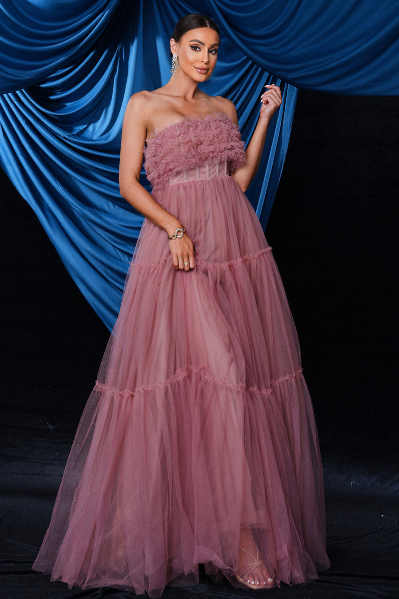 Load image into Gallery viewer, Pink Strapless A-Line Tulle Long Corset Wedding Guest Dress