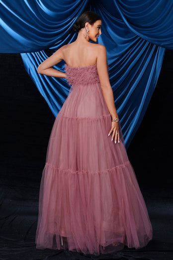 Pink Strapless A-Line Tulle Long Corset Wedding Guest Dress