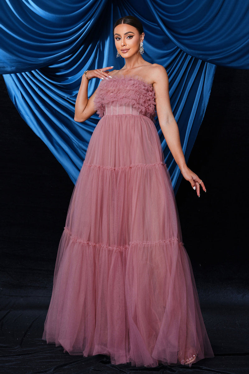 Load image into Gallery viewer, Pink Strapless A-Line Tulle Long Corset Wedding Guest Dress