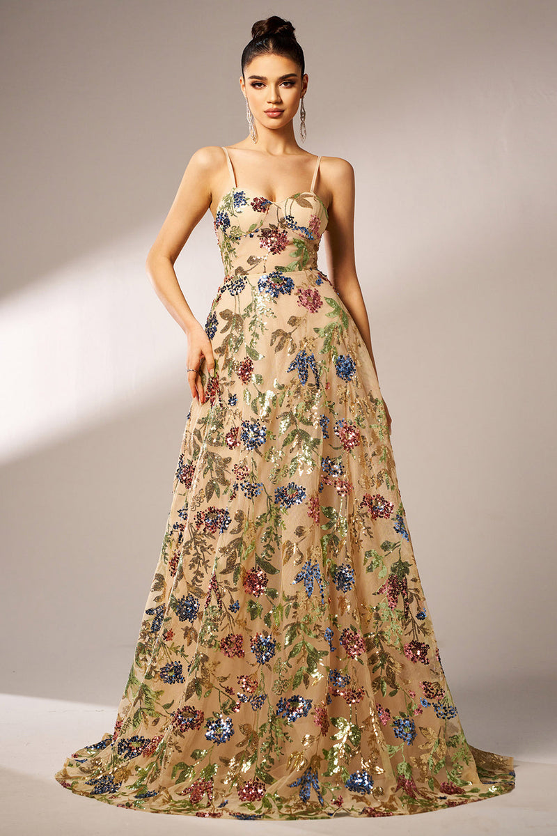 Load image into Gallery viewer, Sparkly Floral Apricot A-Line Long Prom Dress