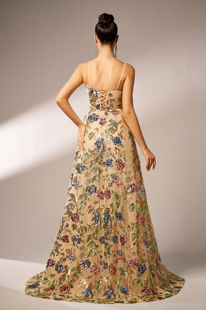 Load image into Gallery viewer, Sparkly Floral Apricot A-Line Long Prom Dress