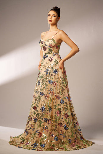 Sparkly Floral Apricot A-Line Long Prom Dress