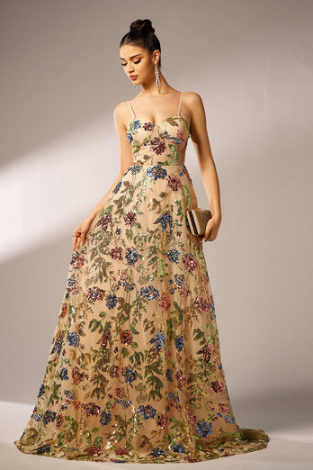 Sparkly Floral Apricot A-Line Long Prom Dress